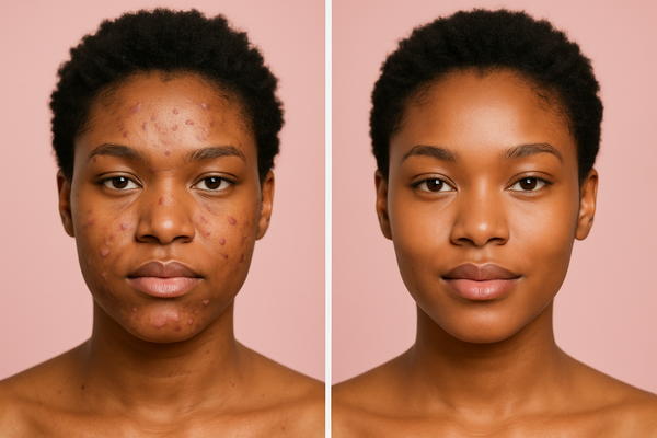 African before and after skincare transformation - frontal view